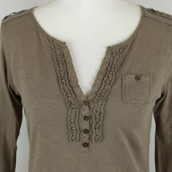 Eddie Bauer Women's Extra Small Brown Ruffled V-Neck Long Sleeve Knit Blouse - Picture 2 of 9